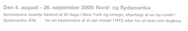Den 4. august - 26. september 2008: Nord- og Sydamerika
Sommerens eventyr bestod af 25 dage i New York og omegn, efterfulgt af en tur rundt i Sydamerika. Klik her for en beskrivelse af et par steder i NYC eller for at læse min dagbog.
